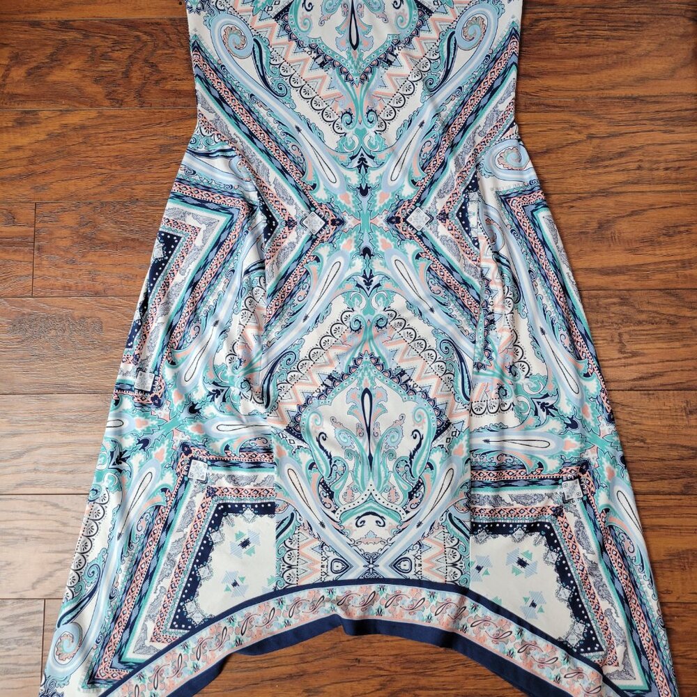 ICE White Teal Pink Blue Sharkbite Cut Paisley Boho Sleeveless Dress sz M EUC